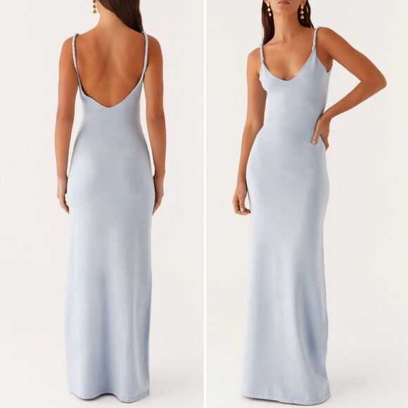 NWT PepperMayo Anastasia Maxi Dress Blue Low Back Twisted Strap Knit Size S/M - Picture 1 of 14